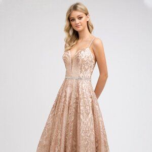 NEW LONG OFF THE SHOULDER SLEEVELESS A-LINE DRESS EMBROIDERED WITH LACE JT 227